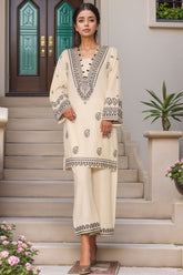 Vybe By Sada Bahar Stitched 2 Piece Emb Cotton Suit-MEL-03-Cream