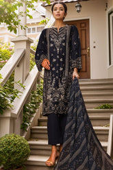 Bin Saeed Stitched 3 Piece Luxury Plain Cotton With Chiffon Dupatta Suit-SMPC-1877-Blue