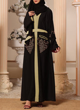 Hijab Ul Hareem Black and Tan Machine Embroidery Nida Fabric Front Open Abaya - 0116-K-300