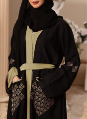 Hijab Ul Hareem Black and Tan Machine Embroidery Nida Fabric Front Open Abaya - 0116-K-300