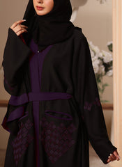 Hijab Ul Hareem Black and Purple Machine Embroidery Nida Fabric Front Open Abaya - 0116-K-300