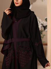 Hijab Ul Hareem Black and Maroon Machine Embroidery Nida Fabric Front Open Abaya - 0116-K-300