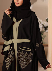 Hijab Ul Hareem Black and Tan Machine Embroidery Nida Fabric Front Open Abaya - 0116-K-300