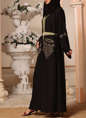 Hijab Ul Hareem Black and Tan Machine Embroidery Nida Fabric Front Open Abaya - 0116-K-300