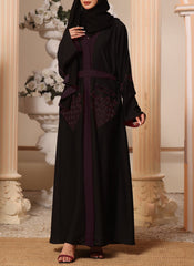 Hijab Ul Hareem Black and Maroon Machine Embroidery Nida Fabric Front Open Abaya - 0116-K-300