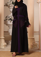Hijab Ul Hareem Black and Purple Machine Embroidery Nida Fabric Front Open Abaya - 0116-K-300