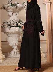 Hijab Ul Hareem Black and Maroon Machine Embroidery Nida Fabric Front Open Abaya - 0116-K-300