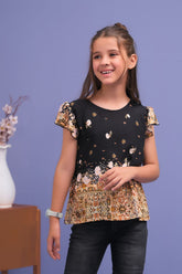 Sprinkles Stitched 1 Piece Summer Shirts Kids Collection'2025-Black Floral Ruffle Armhole Printed Shirts