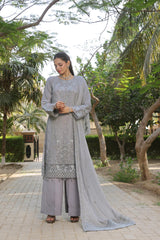 Dressline Zinnia Semi Stitched 3 Piece Luxury Emb Chiffon Collection With Sequins, Emb Dupatta & Grip Trousers