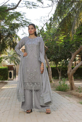 Dressline Zinnia Semi Stitched 3 Piece Luxury Emb Chiffon Collection With Sequins, Emb Dupatta & Grip Trousers