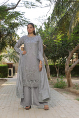 Dressline Zinnia Semi Stitched 3 Piece Luxury Emb Chiffon Collection With Sequins, Emb Dupatta & Grip Trousers