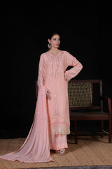 Woman in pink embroidered traditional outfit, SAFFRON, a stunning blend of luxury and sophistication. Crafted from premium chiffon fabric