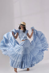 Ora Fashion Stitched 2 Piece Summer Collection'2025-Sky Tiered Skirt & Chic Crop Top Set