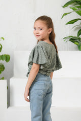 Sprinkles Stitched 1 Piece Summer Shirts Kids Collection'2025-Ditsy Olive Floral Print Crop Top