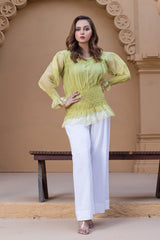 Urban Cut Embroidered Edges Top with Elastic Ruffle Frilled Shirt 1 Piece