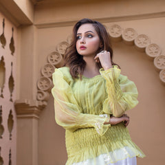 Urban Cut Embroidered Edges Top with Elastic Ruffle Frilled Shirt 1 Piece