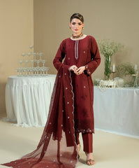 Luxe Edit By Kaanthaa Unstitched 3 Piece Summer Suit-KUNES-3P-10 MAROON-BAYON SILK UNSTITCHED 3PC