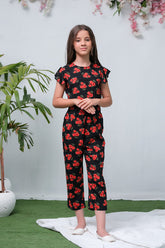 Sprinkles Stitched 1 Piece Summer Jumpsuit Kids Collection'2025-Black with Orange Floral Print Smart Fit Jumpsuit