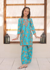 Khanak Stitched Kids-Turquoise Blue Embroidered Gharara KST 149