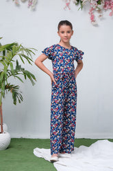 Sprinkles Stitched 1 Piece Summer Jumpsuit Kids Collection'2025-Royal Blue Floral Print Ruffle Trim Belted Jumpsuit