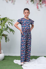 Sprinkles Stitched 1 Piece Summer Jumpsuit Kids Collection'2025-Royal Blue Floral Print Ruffle Trim Belted Jumpsuit