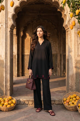 Zouj Stitched 2 Piece Solids Summer Co Ords Suit-Black