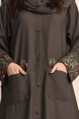 Hijab Ul Hareem Front Open Brown Zoom Embroidered Abaya 0118-K-752