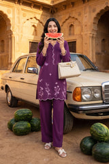 Zouj Stitched 2 Piece Solids Summer Co Ords Suit-Purple