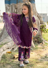 Modest Stitched 3 Piece Formals Kids Suit-Pearl Cape Shirt - Purple
