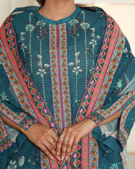 Spring Crush Lawn Digital Print Unstitched Suit Set in rich teal with elegant floral and geometric print, three-piece outfit for women.