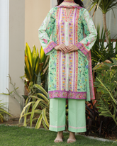 Colors of Confidence Lawn Digital Print Unstitched Suit Set in powder green with vibrant multi-panel floral design, three-piece ethnic outfit for women.