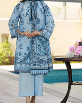 Summer Reverie Lawn Digital Print Unstitched Suit Set in powder blue with printed floral motifs, three-piece outfit for women.
