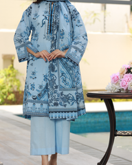 Summer Reverie Lawn Digital Print Unstitched Suit Set in powder blue with printed floral motifs, three-piece outfit for women.