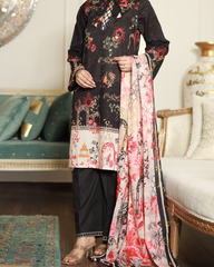 Midnight Elegance Lawn Digital Print Unstitched Suit Set in black with bold cream motifs, three-piece lightweight lawn fabric ethnic outfit for women.