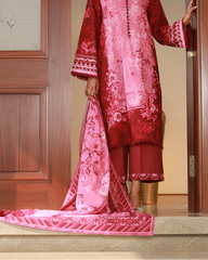 Chameli Studio women’s red and pink floral lawn printed unstitched suit with matching dupatta, summer ethnic fashion outfit.