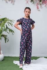 Sprinkles Stitched 1 Piece Summer Jumpsuit Kids Collection'2025-Navy Blue Camellia Floral Print Jumpsuit