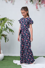 Sprinkles Stitched 1 Piece Summer Jumpsuit Kids Collection'2025-Navy Blue Camellia Floral Print Jumpsuit