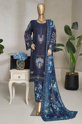 Bin Saeed Stitched 3 Piece Luxury Plain Cotton With Emb Printed Back Collection'2025-NSM-2473-Blue
