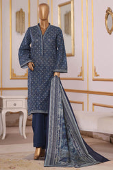Bin Saeed Stitched 3 Piece Exclusive Printed Khaddar Vol-09 Suit-WK-2523-Navy Blue