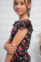 Sprinkles Stitched 1 Piece Summer Shirts Kids Collection'2025-Girls Black & Red Ruffle Armhole Floral Rose Print Top