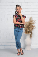 Sprinkles Stitched 1 Piece Summer Shirts Kids Collection'2025-Girls Black & Red Ruffle Armhole Floral Rose Print Top