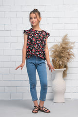 Sprinkles Stitched 1 Piece Summer Shirts Kids Collection'2025-Girls Black & Red Ruffle Armhole Floral Rose Print Top