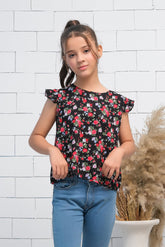 Sprinkles Stitched 1 Piece Summer Shirts Kids Collection'2025-Girls Black & Red Ruffle Armhole Floral Rose Print Top