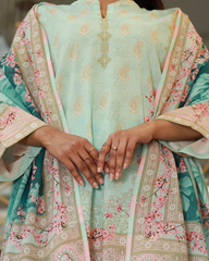 Chameli Studio women’s mint green floral embroidered lawn unstitched three-piece suit with matching printed dupatta and straight trousers, lightweight summer ethnic outfit.
