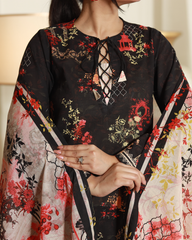 Midnight Elegance Lawn Digital Print Unstitched Suit Set in black with bold cream motifs, three-piece lightweight lawn fabric ethnic outfit for women.