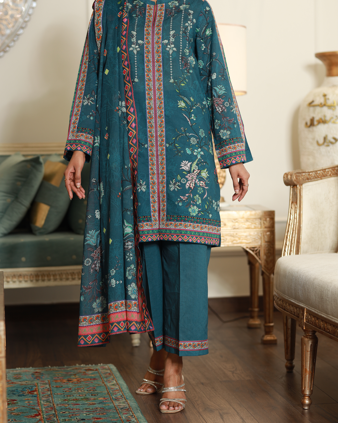 Spring Crush Lawn Digital Print Unstitched Suit Set in rich teal with elegant floral and geometric print, three-piece outfit for women.