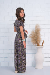 Sprinkles Stitched 1 Piece Summer Jumpsuit Kids Collection'2025-Black Allover Lavender Floral Print Butterfly Sleeve Shirred Jumpsuit