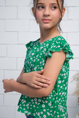 Sprinkles Stitched 1 Piece Summer Shirts Kids Collection'2025-Girls Green Ruffle Armhole Floral Print Top