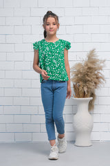 Sprinkles Stitched 1 Piece Summer Shirts Kids Collection'2025-Girls Green Ruffle Armhole Floral Print Top