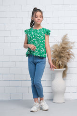 Sprinkles Stitched 1 Piece Summer Shirts Kids Collection'2025-Girls Green Ruffle Armhole Floral Print Top